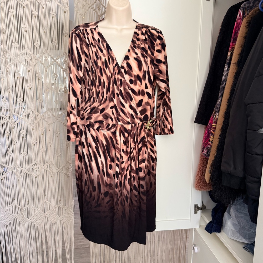 Jennifer Lopez Pink and Black Leopard-Print Midi Wrap Dress